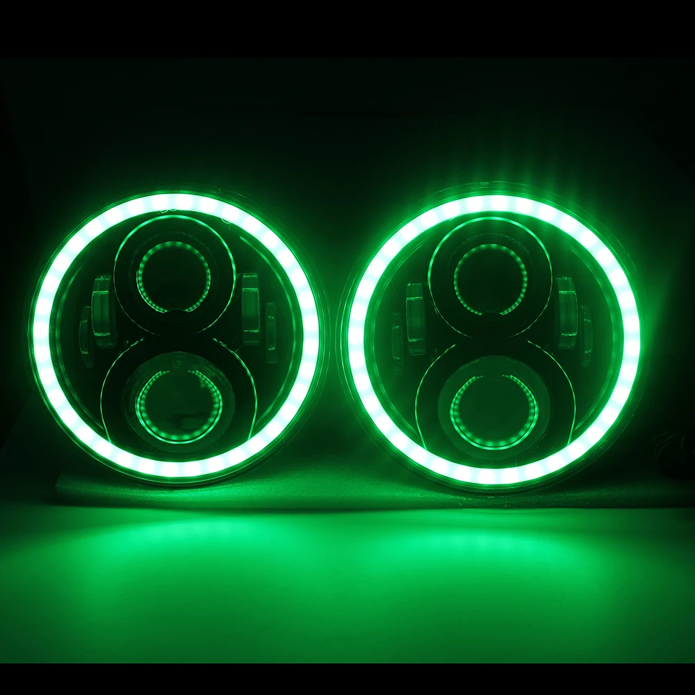 2pcs 7Inch Motorcycle LED Headlight RGB Halo Projector Angel Eye DRL Turn Signal For JK