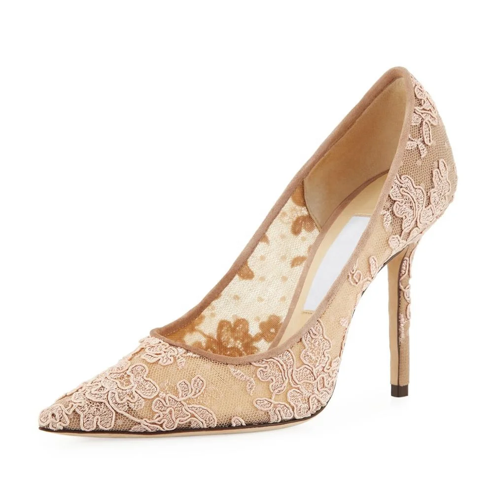 豪华象牙花花边网格尖脚趾高跟鞋