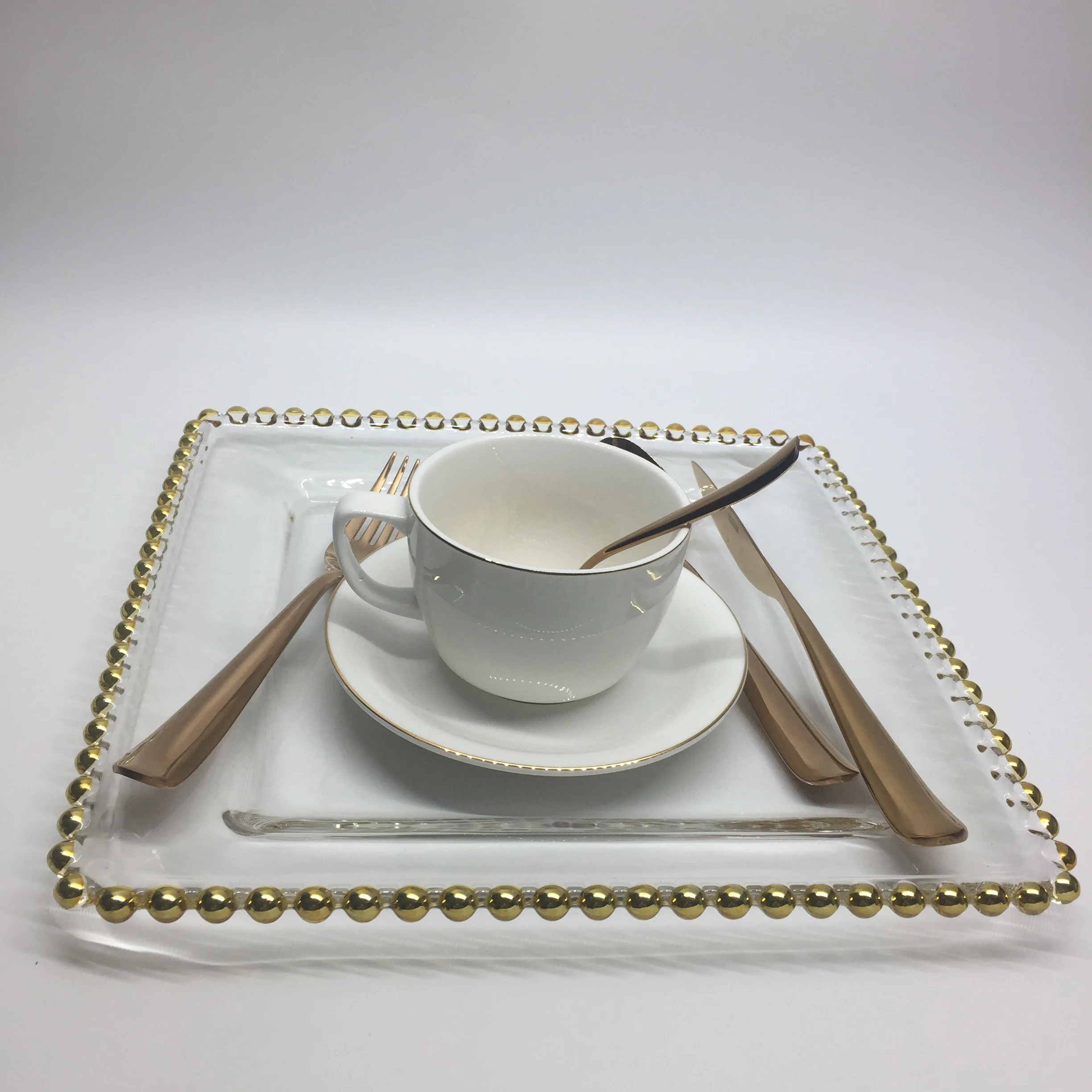Wedding gold rim ceramic dinner plates charger plates beaded champagne wine glass cup