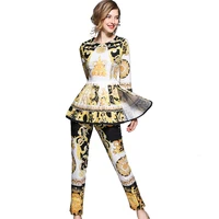 

Autumn Europe and America Women Fashion O Neck Split Dress-Hem Long Sleeve Royal Printed Skinny Pants Autumn Twinset