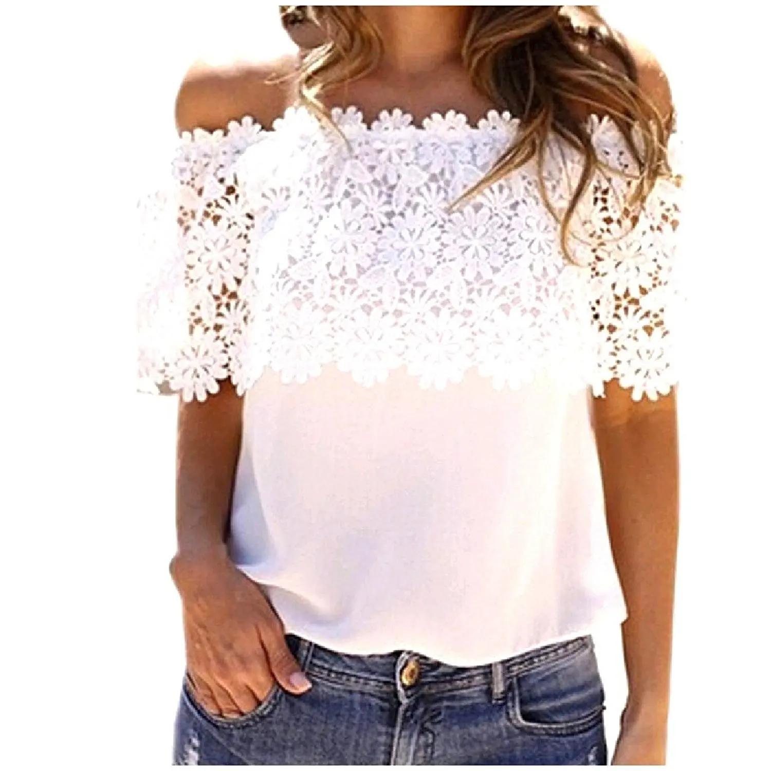 Zimaes Women's Short Sleeve Solid-Colored Shoulder Off Tops Blouses