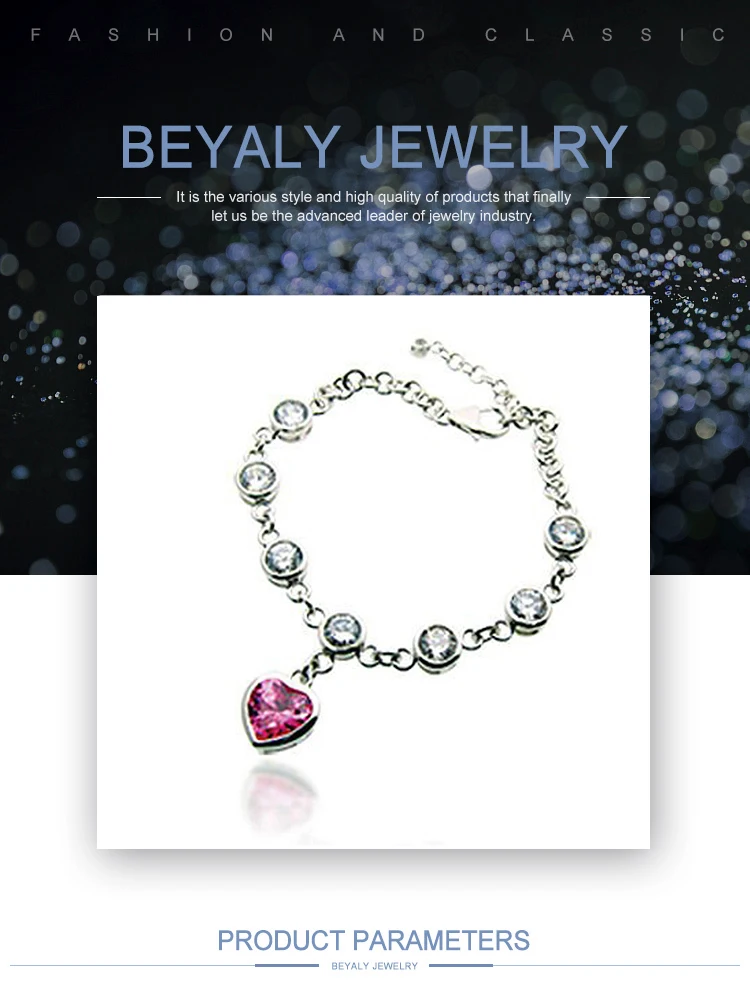 925 silver pink heart homemade crystal beads bracelet