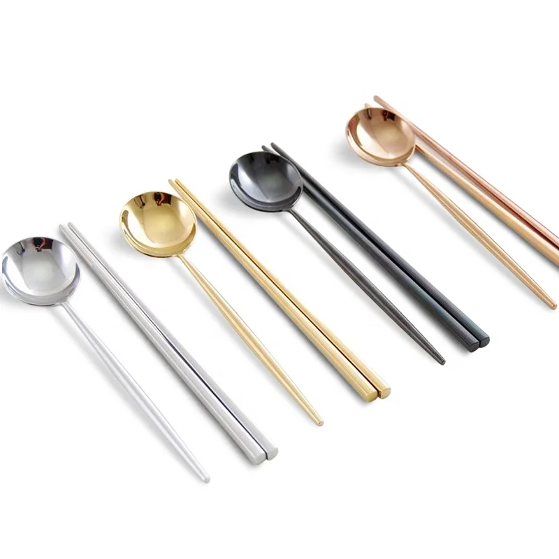 

Stainless Steel Flatware Set Silver / Gold / Rose Gold / Black Cutlery Korean Spoon And Chopstick Set With Gift Box, Silver or gold