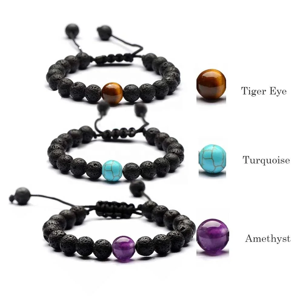 

Lava Rock Essential Oil Diffuser Bracelet Aromatherapy Yoga Adjustable Braided Rope 8MM Natural Stone Bangle