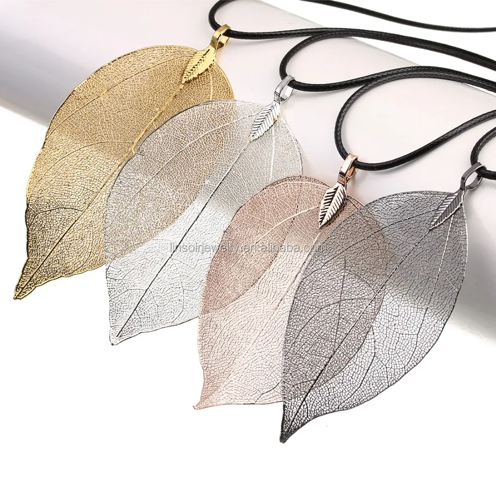 

Free Shipping Linsoir Natural Leaf Wrapped In A Gold Waxed Black Rope Necklace Jewelry For Women Mens, Gold;silver;rose gold;black