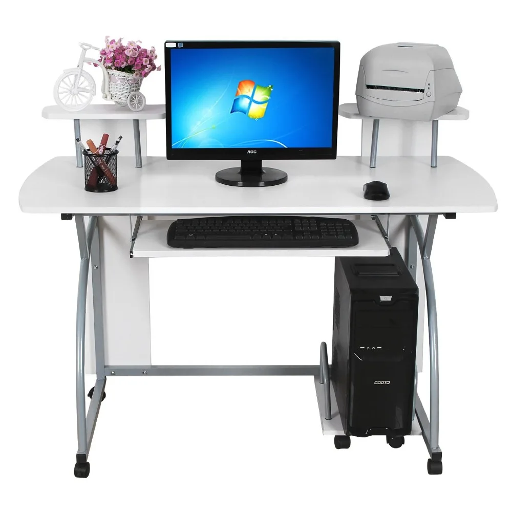 White Office Computer Desk/large Pc Table With Wheels