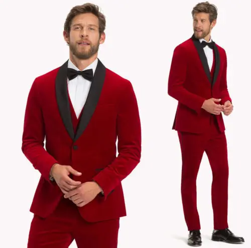 

Custom red velvet party dress peak lapels, one button groom suit velvet jacket + pants + vest