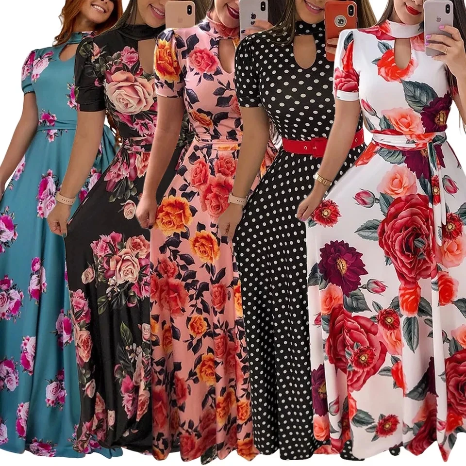 

Ecoparty Summer High Waist Women Casual Dress Long Floral Casual Dress Ladies O Neck Holiday Party Maxi Dress Plus Size Sundress, As show