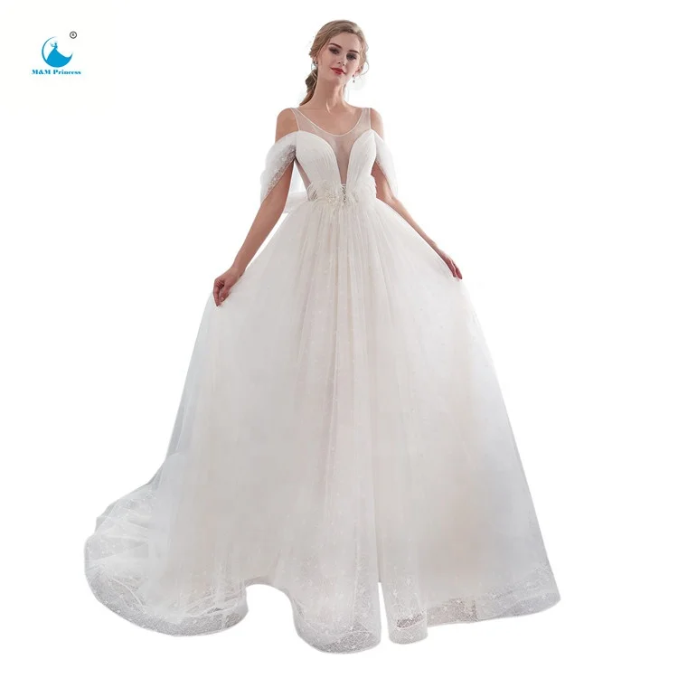 

korea style off shoulder appliqued full length wedding dress 2018 bridal gowns, White