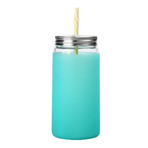 

Borosilicate Glass Mason Jar with Straw and silicone sleeve for Beverage