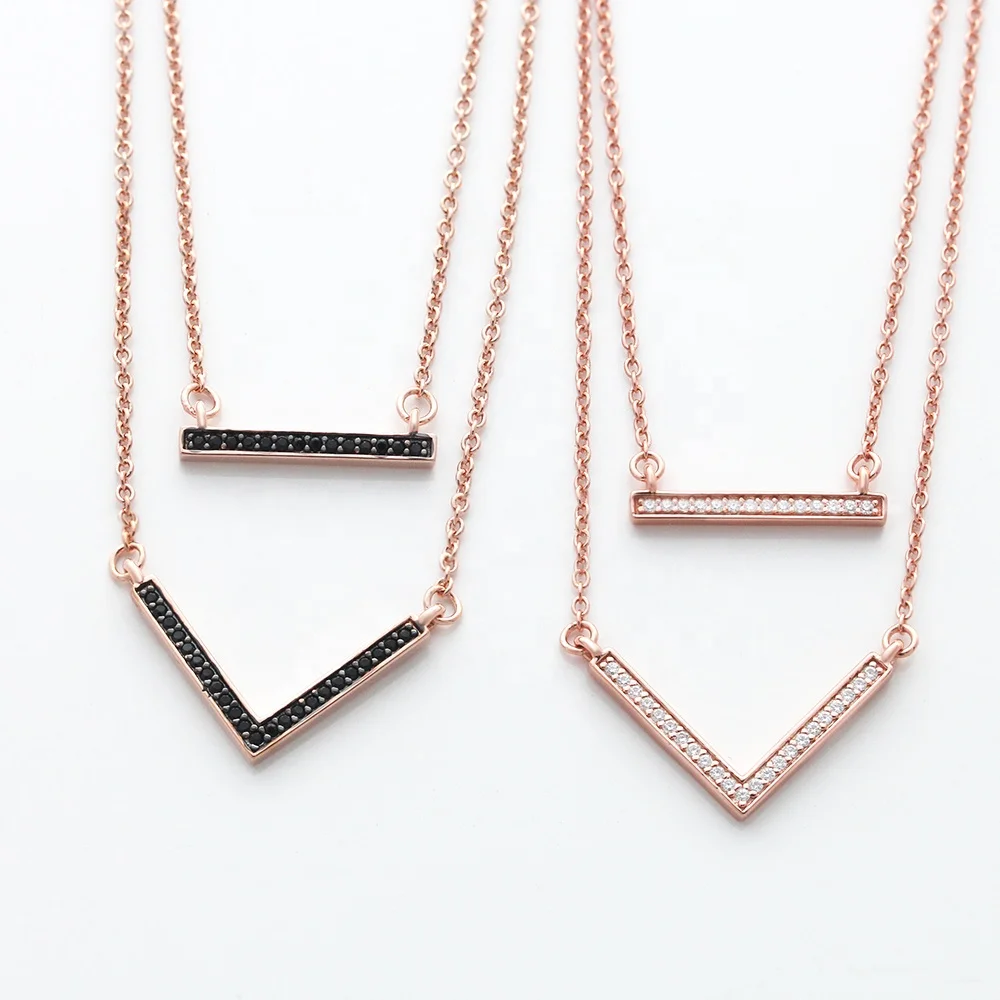 

Simple Fancy Ladies Black Zirconia Silver 925 Letter V Layered Necklace, Silver;gold;rose gold or custom.
