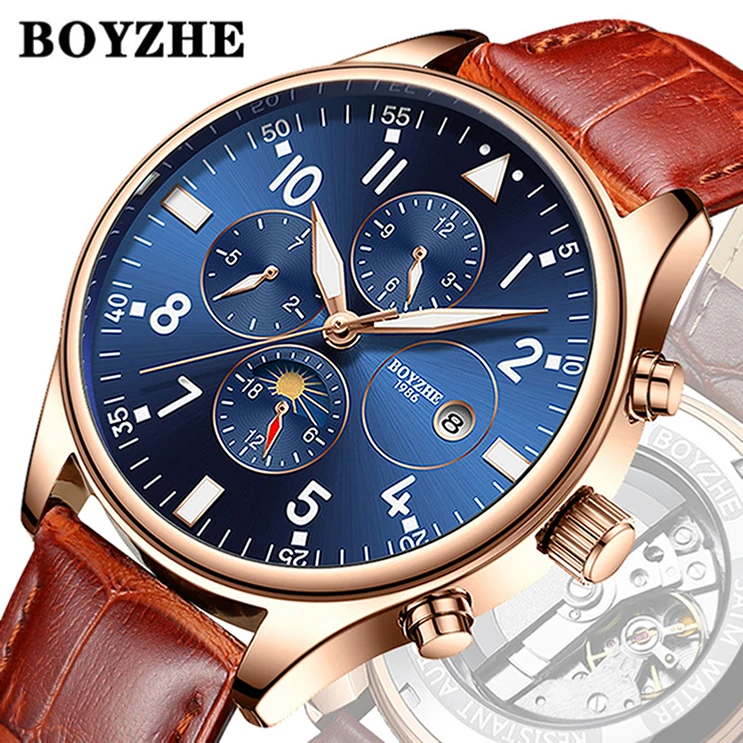 

2019 BOYZHE Top Brand High grade Blue luminous Dial Leather watchband 3ATM waterproof automatic mechanical mens wrist watches