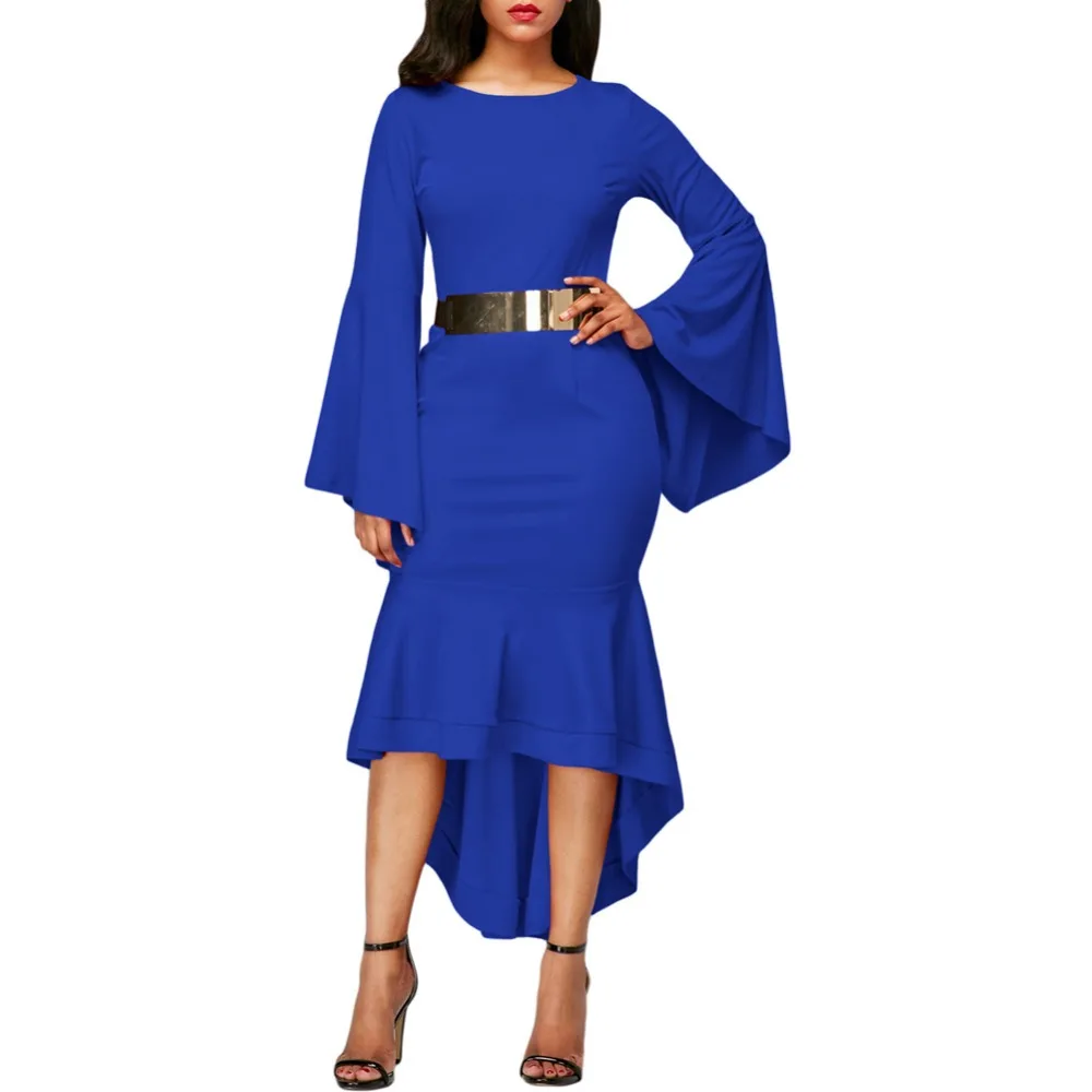 

Sexy Royal Blue Bell Sleeve Belted Lady New Fashion Dress, As shown