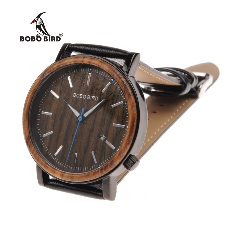 

BOBO BIRD Mens Bamboo Wooden Watch Dial Show date Wooden case With Leather Band, As the picture or customized