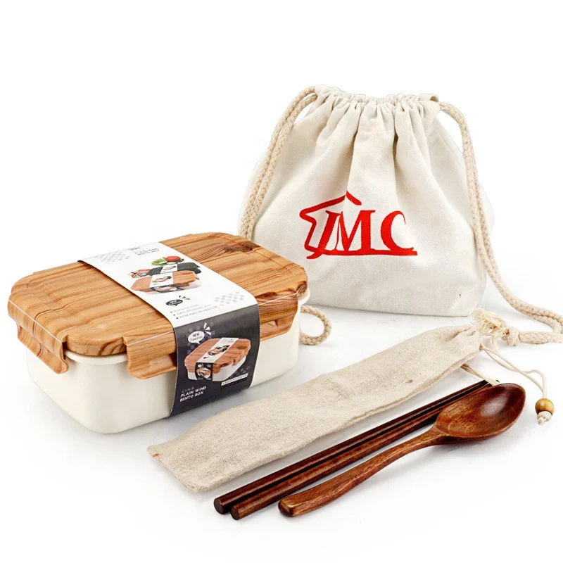 

Lunch box Boutique Wood grain bento box with tableware with bag healthy eco-friendly Insulation Portable Food