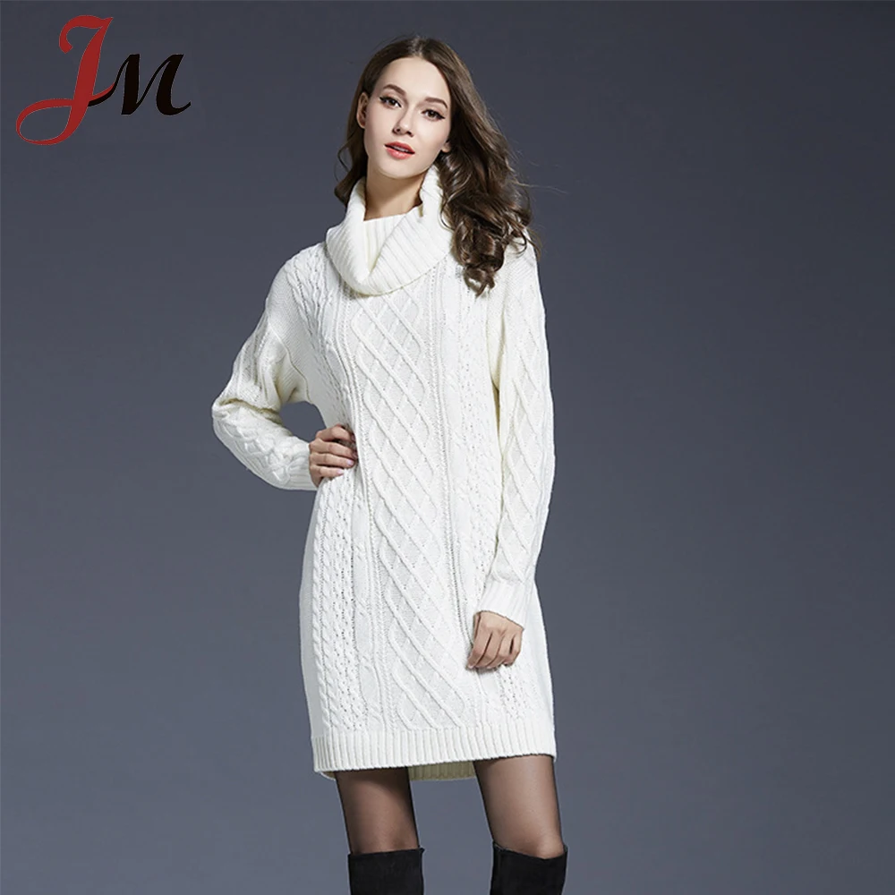 

Plus size lady turtleneck cable knitting pullover over knee dress