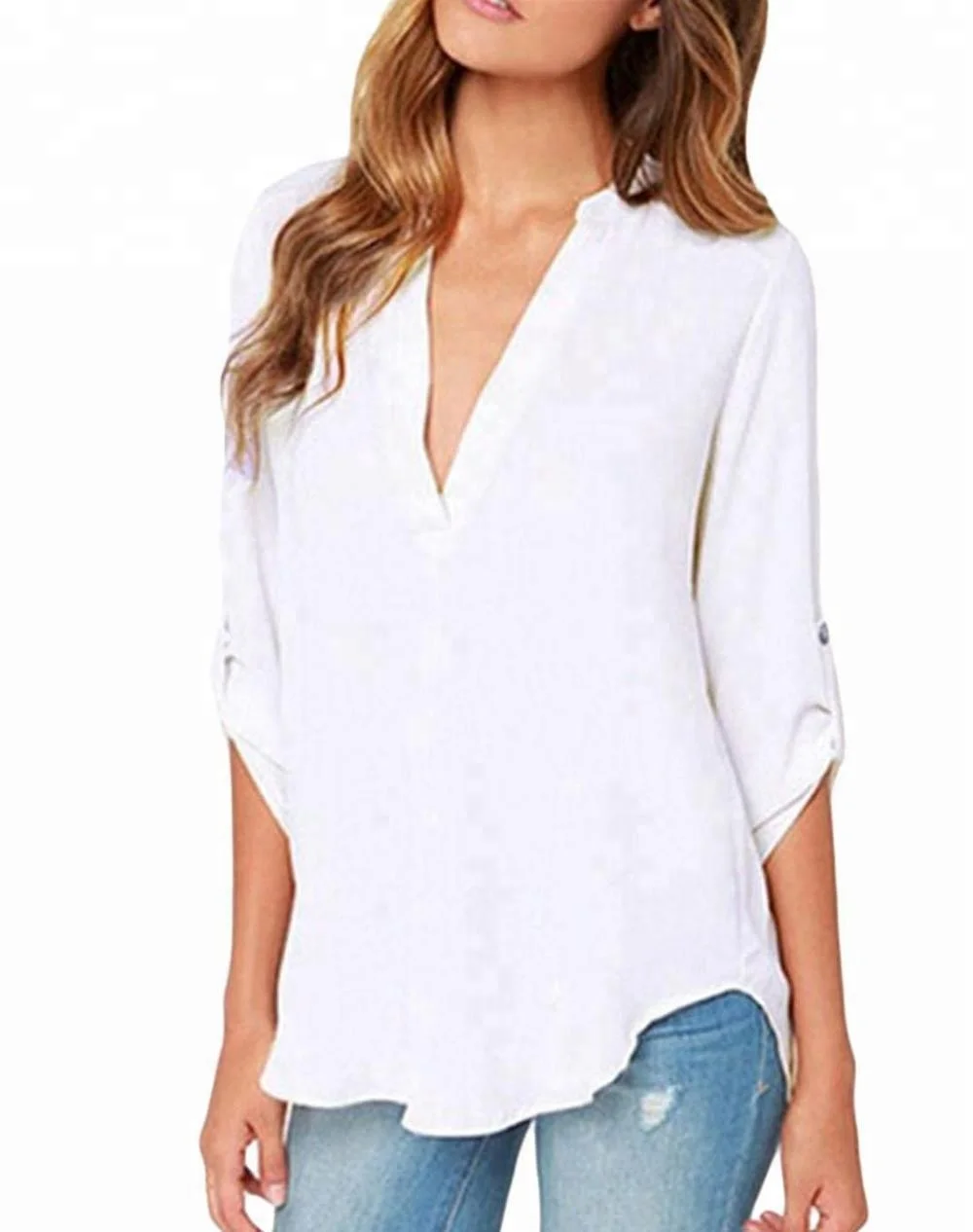 

V Neck Loose Fitting Chiffon Blouse, Grey