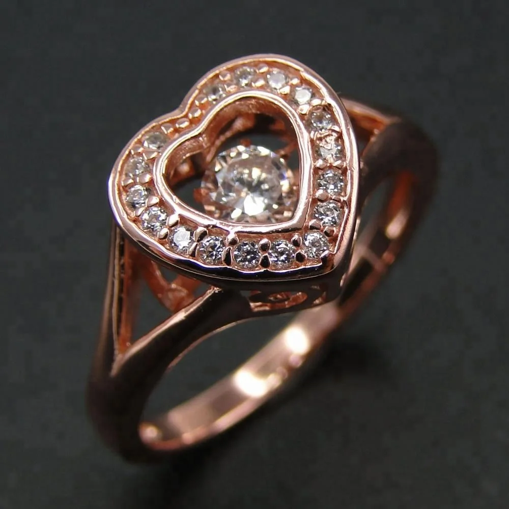

Rose Gold Plated 925 Sterling Silver Heart Cubic Zirconia Dancing Diamond Ring