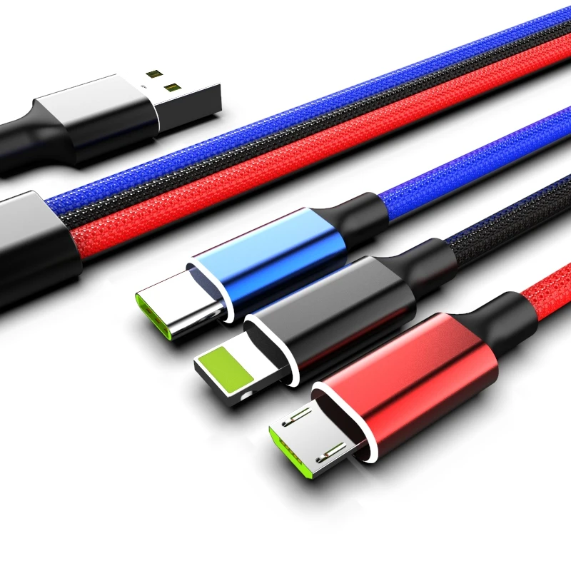 

free sample charge for iphone 6 cellphone car data line multi cable for iphone 5 6 7 8 x V8 type c, Red / black/blue