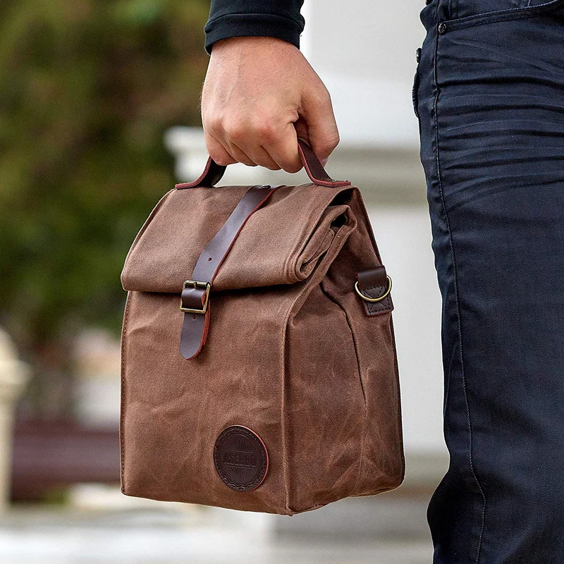 Insulated Waxed Canvas Lunch Bag for Men Women with Genuine Leather Handle Alibaba