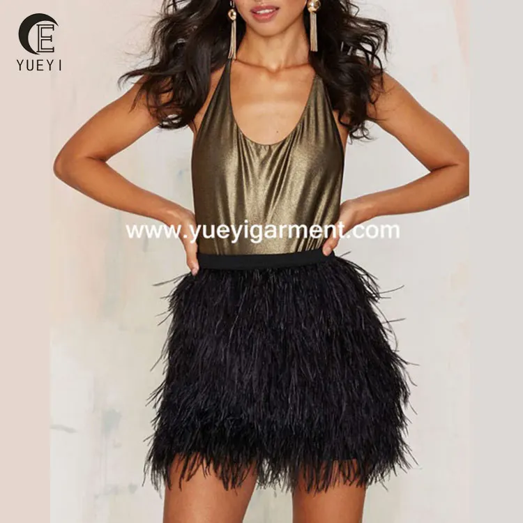 sexy girl black mini skirt with all-over feather