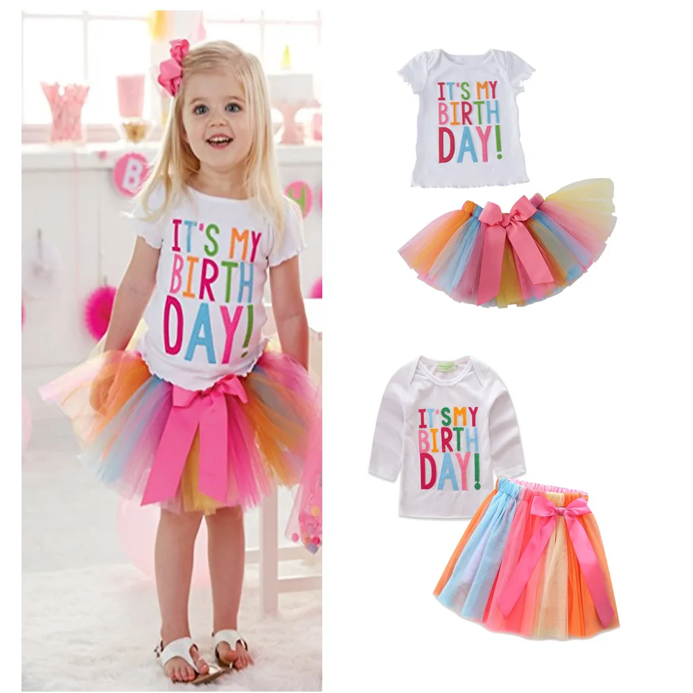 

Kids Apperal 2 Year Old Birthday Outfit Baby Rainbow Color Tutu Skirt Top Skirt Two Piece Set