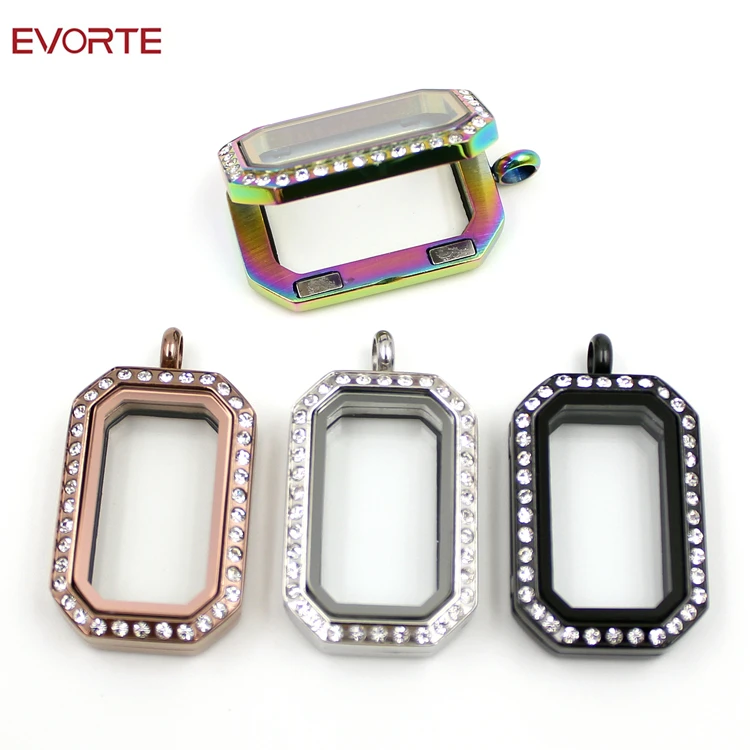 

Stainless Steel Waterproof Magnetic Closure Locket Floating Glass Living Memory Rectangle Necklace Pendant, Multicolor