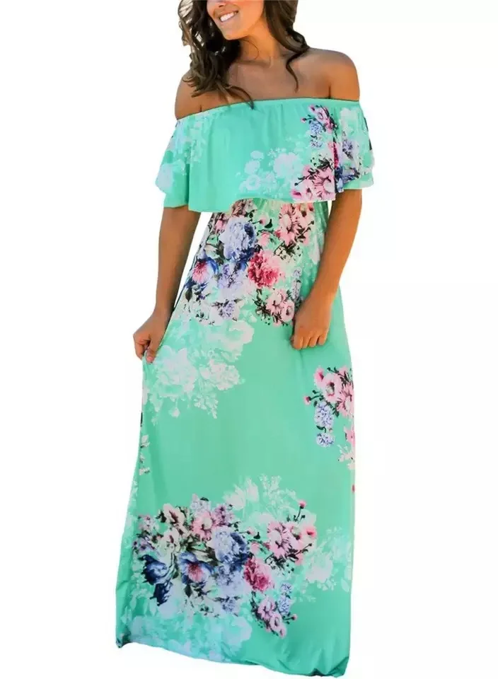 F26 women summer dress Floral Summer Holiday  off shoulder dress women clothing maxi dress