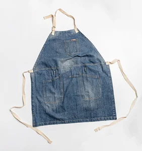 Image of Jeans fabric working custom apron bartender adjustable size aprons Kitchen Work BBQ Customized denim aprons kids barista