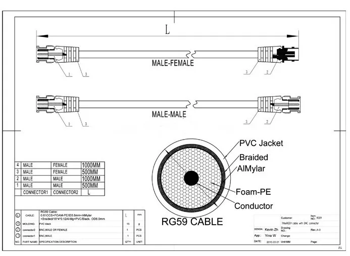 BNC to BNC Male RG59 CCTV Camera Coaxial Cable