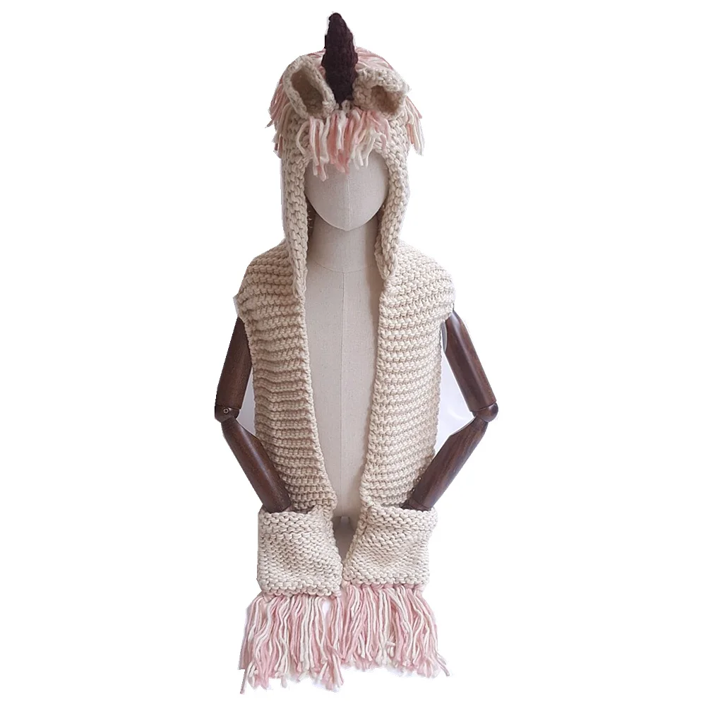 
2018 Cartoon Cute Unicorn Scarf Shawl Tassel Hats Acrylic Kids Knitted Unicorn Hood Hat with Pockets 