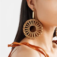 

Barlaycs Fashion Statement Boho Personalized Big Bamboo Wooden Hoop Earrings Straw Woven Earrings For Beautiful Girls