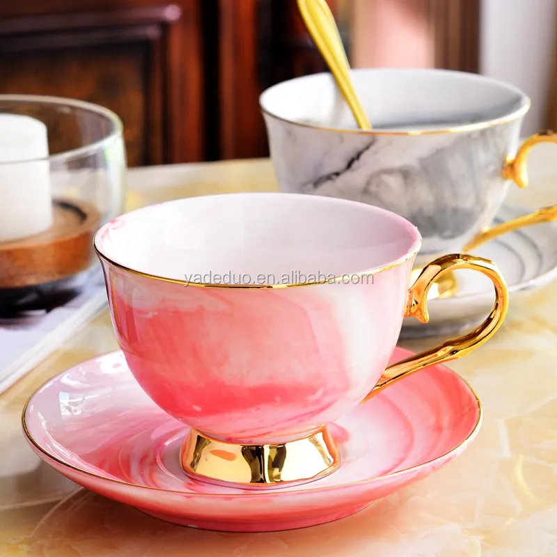 ceramica tipo porcellana dorata marmorizzata 300 ml legno acacia giapponese tazza elegante da tè o caffè Cappuccino Nordico con piattino in bambù nero 10% pasta oro ecologico 
