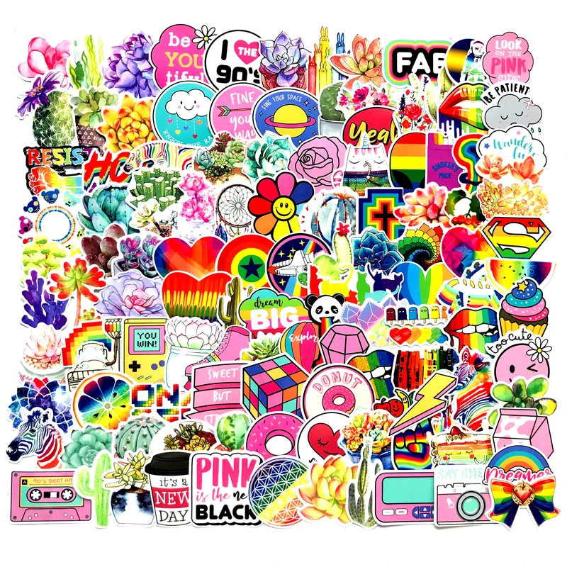 

200pcs/bag Environmentally Friendly Rainbow Colorful Custom Die Cut Waterproof Vinyl Sticker Pack For Kids Skateboard, Cmyk