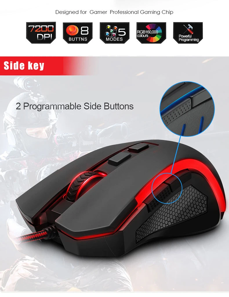Redragon M607 Computer USB 7200 DPI RGB 8D Optical Ergonomic Gaming Mouse For PC Gamers