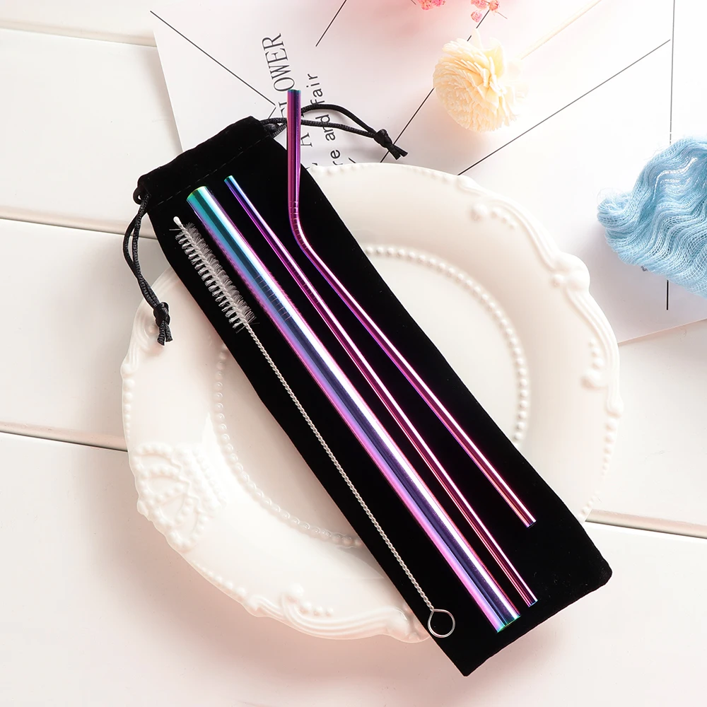 

Reusable Drinking Straw Stainless Steel Eco-Friendly Straight/ Bend Metal Straw with Cleaner Brush Bar Accessories, Black blue purple gold rosegold