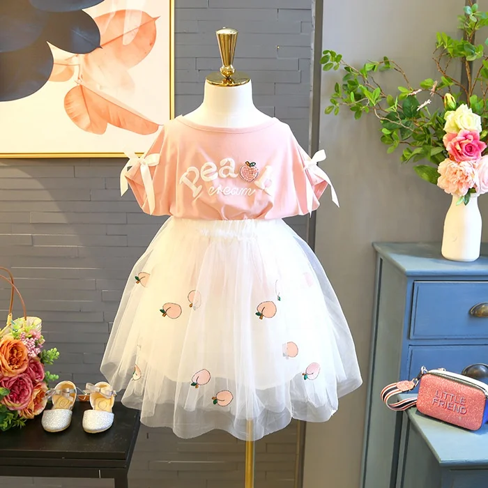 

Summer New Style Embroidered Kids Two Piece Skirts Set Bowknot Short Sleeve Sweatshirt Chiffon Ballet Skirt Set For Girls, Pink