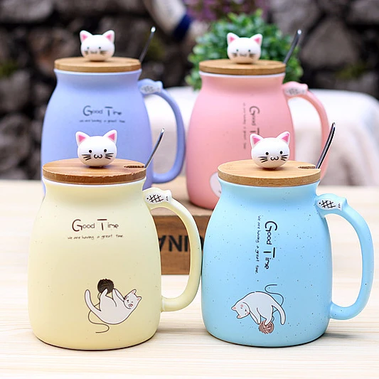 

New sesame cat heat-resistant cup color cartoon with lid cup kitten milk coffee ceramic mug children cup office gifts, N/a