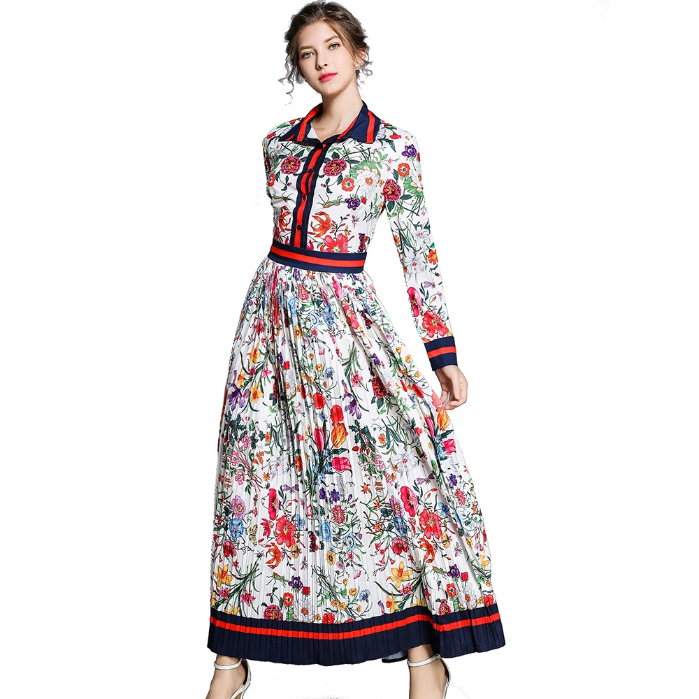 

European and American Women Fashion Turn Down Collar Button Front Patchwork Long Sleeve Pleated Print Maxi Dress