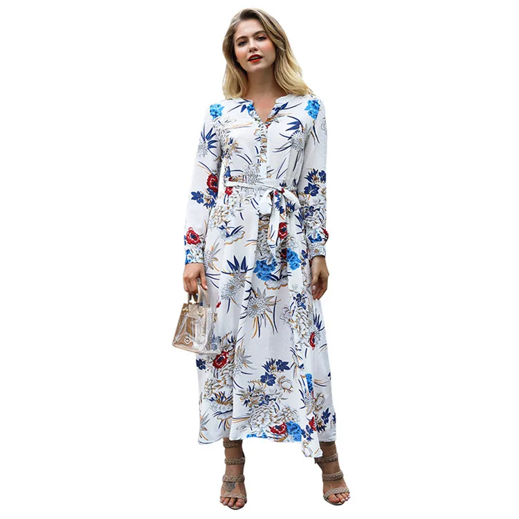

Sample Available 2018 Autumn Elegant V Neck Long Sleeve Women Floral Maxi Dress With Waistband, As photo shown or customized