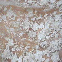 

White bridal lace with pure handwork beaded lace dress fabric high quality 3d embroidered mesh fabric HY0771-1