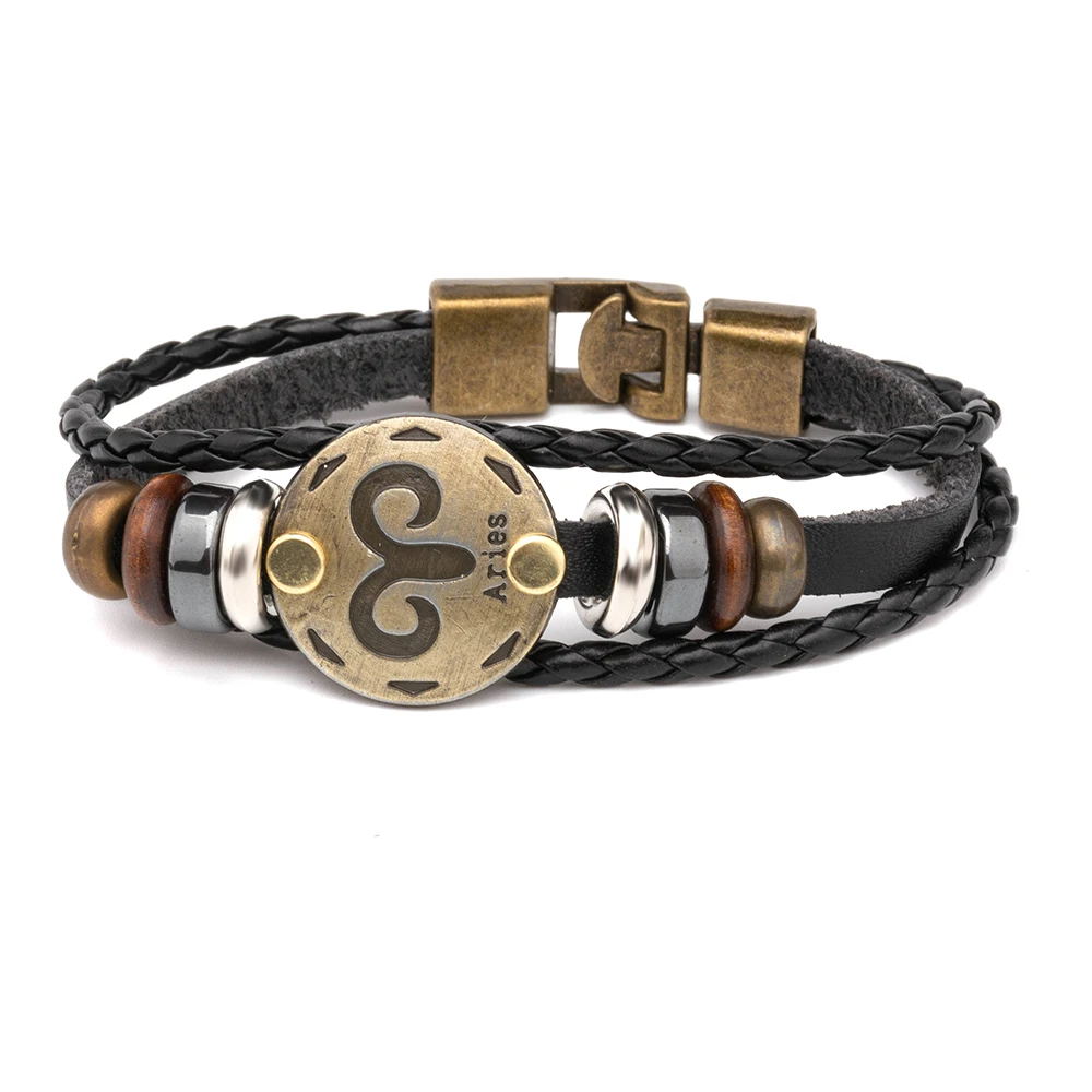 

2018 Couple love engraved metal 12 constellations leather bracelet, Copper color