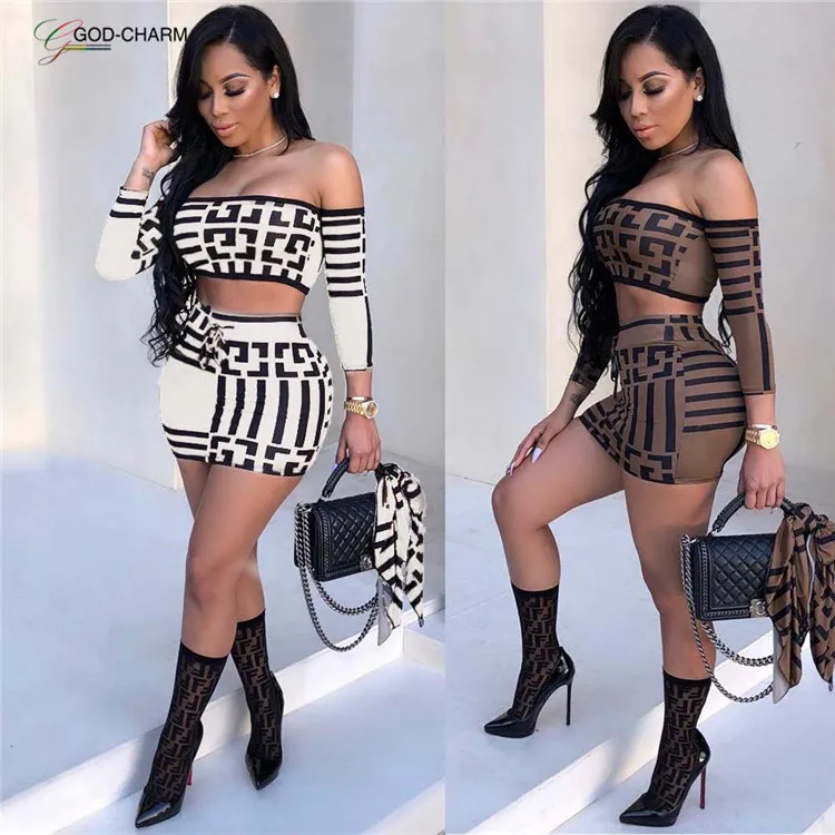 

GC-86971143 Wholesale African 2019 low price print pattern 2 piece off shoulder crop top mini skirt set, White, brown