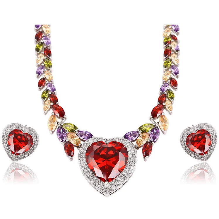 

62362 Xuping heart jewellery set, big stone luxury gold cubic zirconia cz necklace set