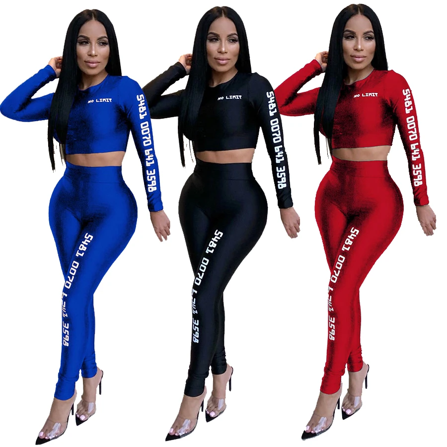 Design Your Own Trendy Words Print Crop Top And Pencil Pants Two Piece Set Women Fitness Clothing