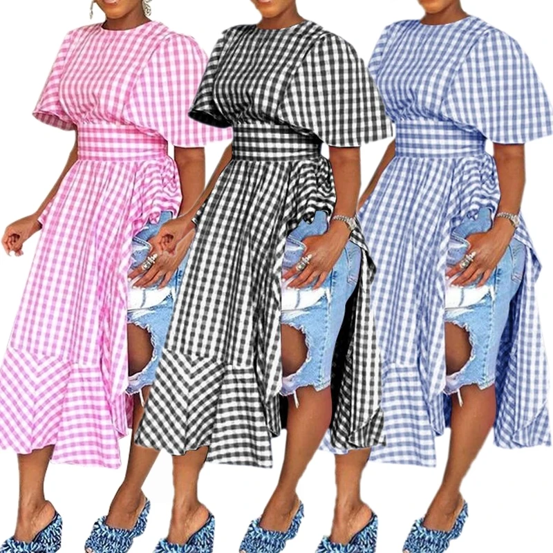 

High quality women fashion corset 3 color plaid slit ruffle dress
