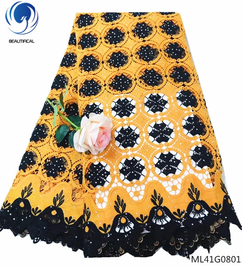 

Beautifical Good quality african guipure lace with stones orange cord lace embroidery cord lace fabric ML41G08, 4 different colors available