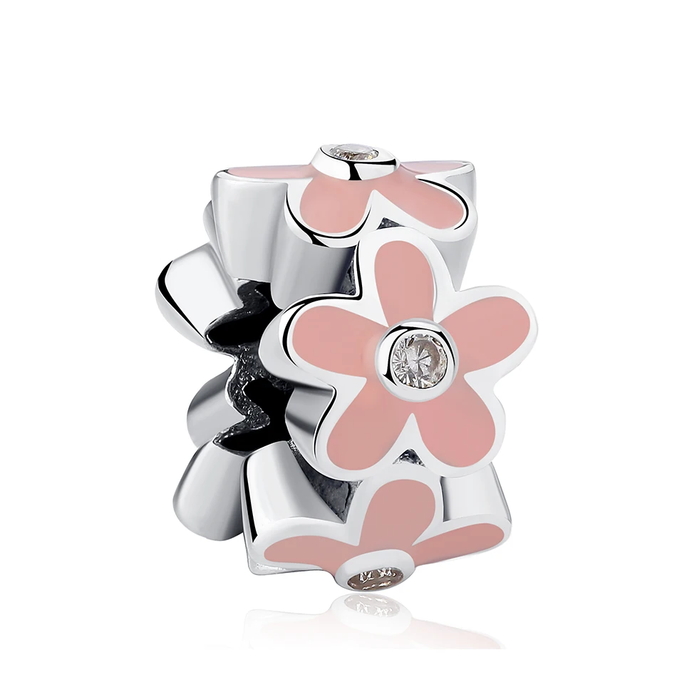 

Popular 100% 925 Sterling Silver Bead Charms with Pink Enamel Flower fit Original Bracelets DIY Jewelry Making, Pink color