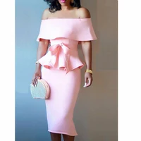 

Peplum Tops Off Shoulder with Sashes Sheath Skirt Slim Fashion Two Piece Suits Women