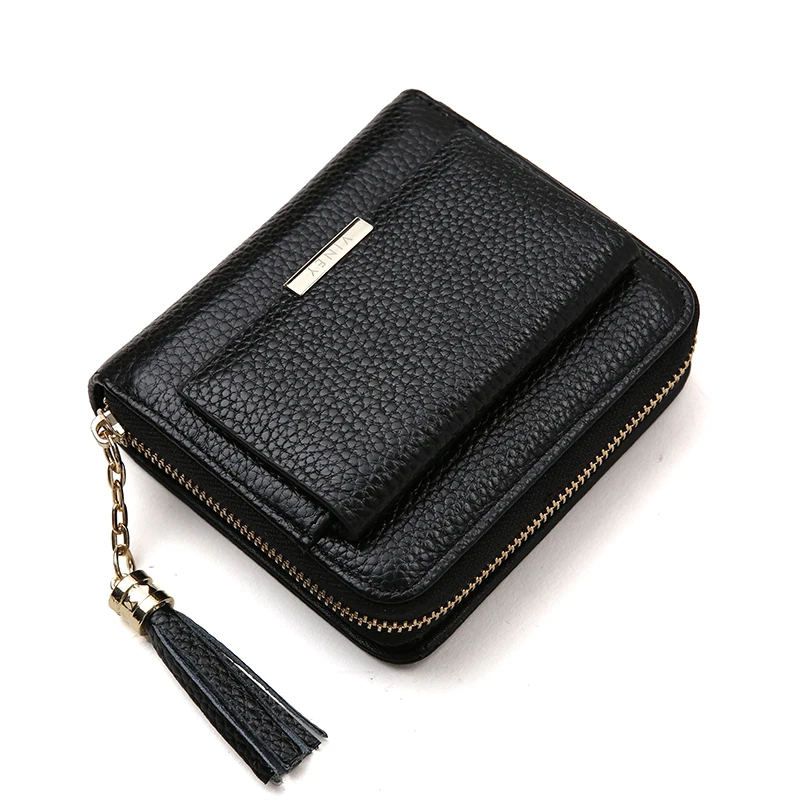 

Women Real Genuine Cowhide Leather small Purse wallets with tassel, Black